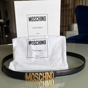 Moschino Black Leather Belt with Gold MOSCHINO Logo Buckle